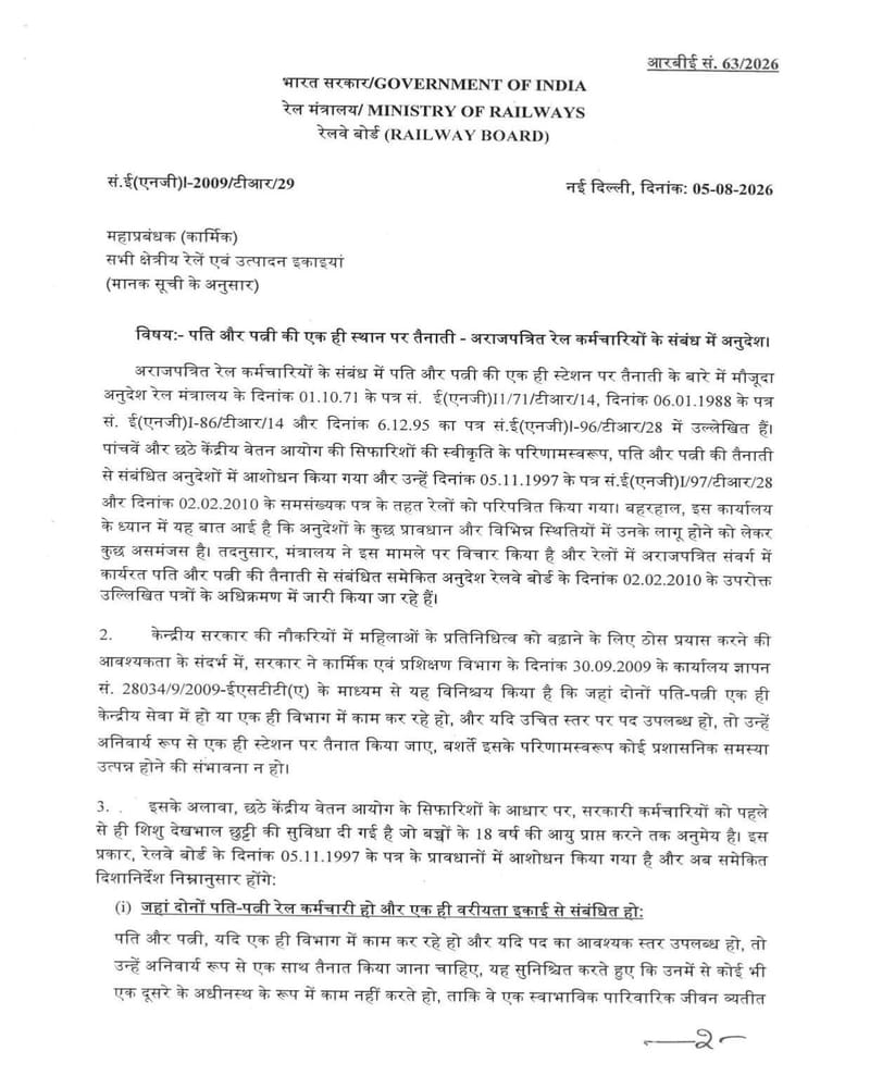 Consolidated Guidelines on Posting of Husband and Wife at the same place – in respect of Non-gazetted Railway employees : RBE No.63/2026 Consolidated Guidelines on Posting of Husband and Wife at the same place – in respect of Non-gazetted Railway employees : RBE No.63/2026