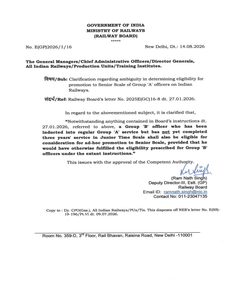 Clarification on Ambiguity in determining eligibility for promotion to Senior Scale of Group ‘A’ officers on Indian Railways: Railway Board Order dated 14.08.2026