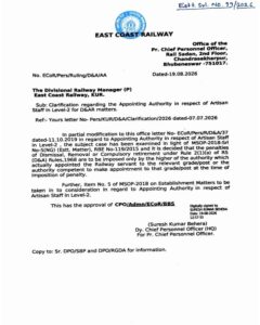 Clarification on Appointing Authority in respect of Artisan Staff In Level-2 for D&AR matters - East Coast Railway vide order dated 19.08.2026 2 appointing authority artisan staff