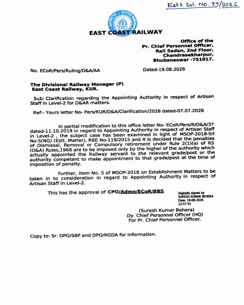 Clarification on Appointing Authority in respect of Artisan Staff In Level-2 for D&AR matters – East Coast Railway vide order dated 19.08.2026 Clarification on Appointing Authority in respect of Artisan Staff In Level-2 for D&AR matters – East Coast Railway vide order dated 19.08.2026