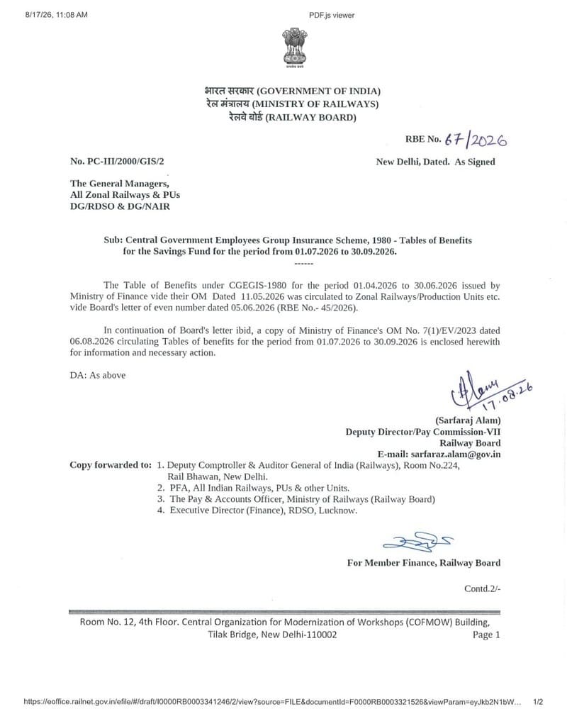 CGEGIS Tables of Benefits for the Period from 01.07.2026 to 30.09.2026: Railway Board RBE No. 67/2026
