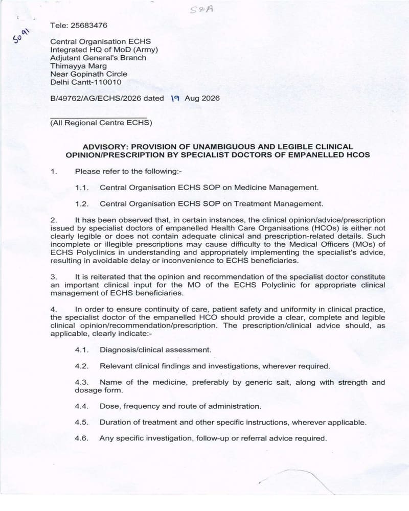 ECHS advisory on clear and legible prescriptions by specialist doctors of empanelled HCOs