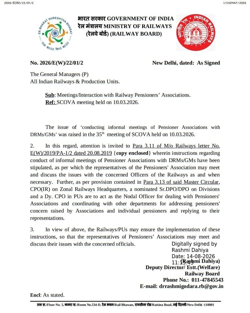 Meetings/Interaction with Railway Pensioners’ Associations as per the 35th meeting of SCOVA: Railway Board Order dated 14.08.2026