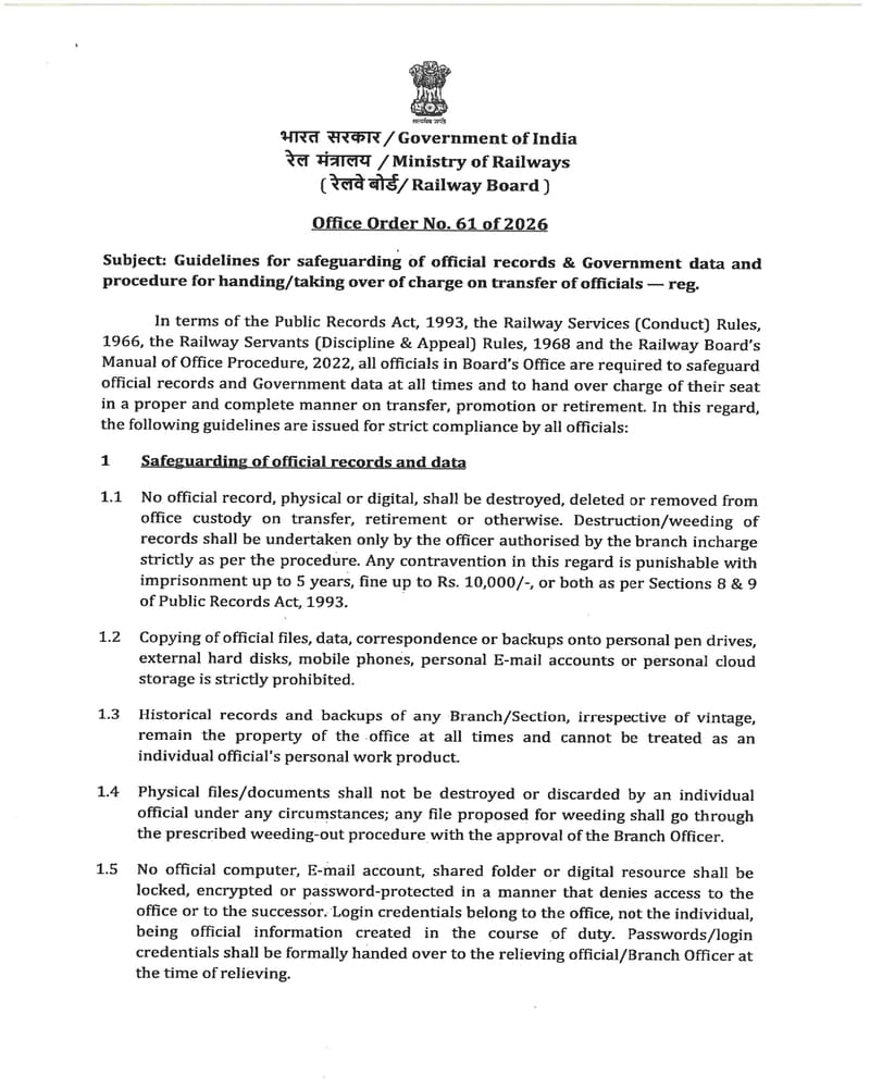 Safeguarding of official records & Government data and procedure for handing/taking over of charge on transfer of officials – Guidelines vide Office Order No. 61 of 2026