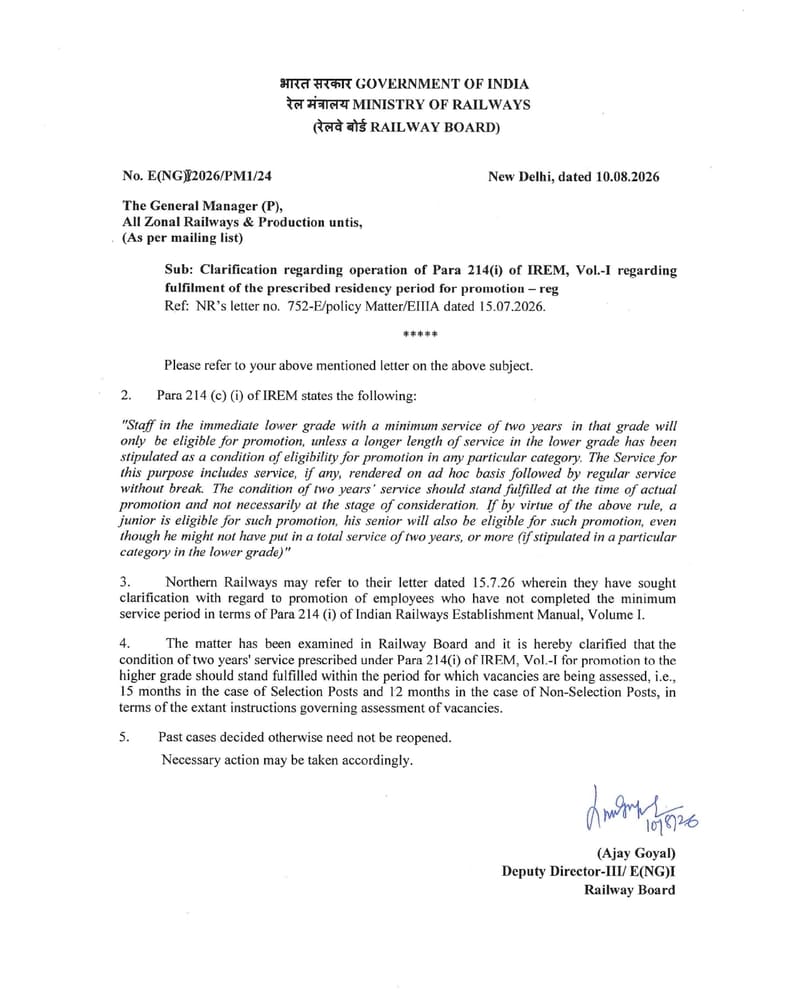 Fulfillment of the prescribed residency period for promotion – Railway Board clarifies operation of Para 214(i) of IREMFulfillment of the prescribed residency period for promotion – Railway Board clarifies operation of Para 214(i) of IREM Fulfillment of the prescribed residency period for promotion – Railway Board clarifies operation of Para 214(i) of IREMFulfillment of the prescribed residency period for promotion – Railway Board clarifies operation of Para 214(i) of IREM