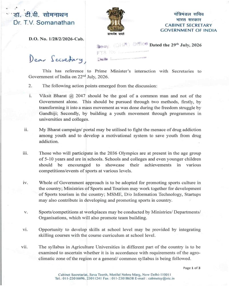 Prime Minister’s 23 Key Action Points on Viksit Bharat @ 2047 — Cabinet Secretary Directs Ministries to Initiate Action