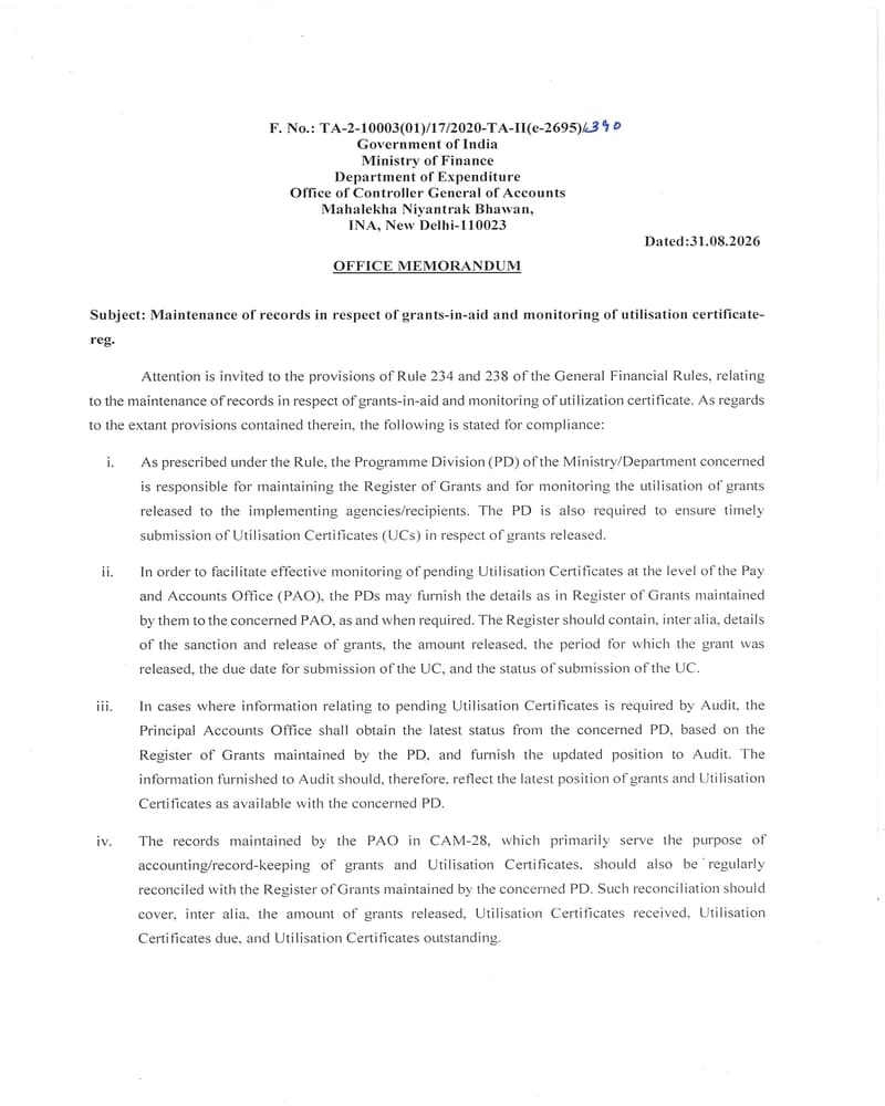 Maintenance of records in respect of grants-in-aid and monitoring of utilisation certificate – CGA OM dated 31.08.2026 for timely compliance Maintenance of records in respect of grants-in-aid and monitoring of utilisation certificate – CGA OM dated 31.08.2026 for timely compliance