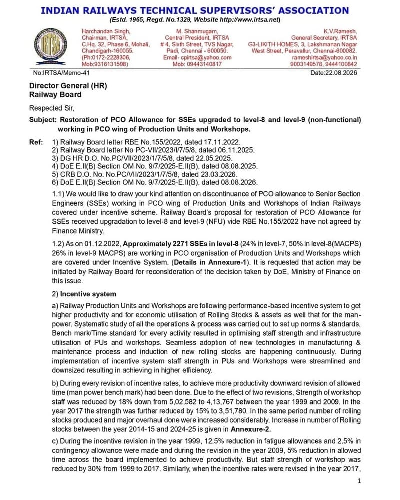 IRTSA Memorandum for Restoration of PCO Allowance for SSEs upgraded to level-8 and level-9 (non-functional) working in PCO wing of Production Units and Workshops IRTSA Memorandum for Restoration of PCO Allowance for SSEs upgraded to level-8 and level-9 (non-functional) working in PCO wing of Production Units and Workshops