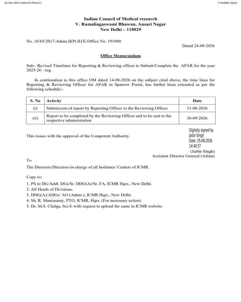 Revised Timelines for Reporting & Reviewing officer to Submit/Complete the APAR for the year 2025-26 vide OM dated 24-08-2026 Revised Timelines for Reporting & Reviewing officer to Submit/Complete the APAR for the year 2025-26 vide OM dated 24-08-2026
