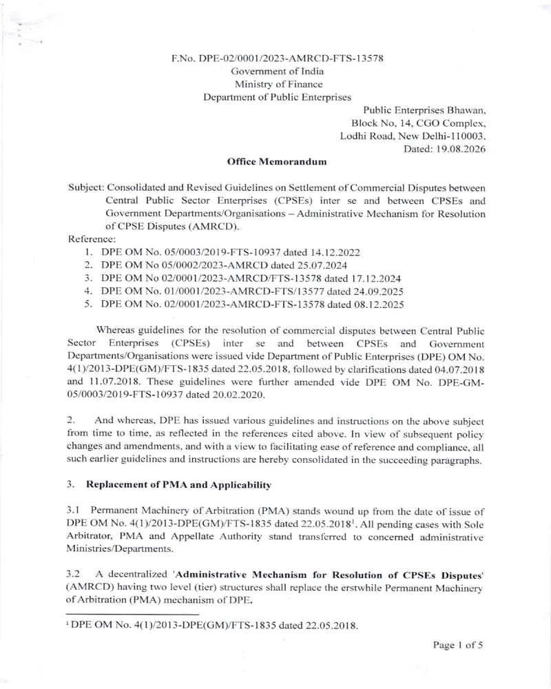 Administrative Mechanism for Settlement of Commercial Disputes and Resolution of CPSE Disputes (AMRCD) – DPE O.M dated 19.08.2026 Administrative Mechanism for Settlement of Commercial Disputes and Resolution of CPSE Disputes (AMRCD) – DPE O.M dated 19.08.2026
