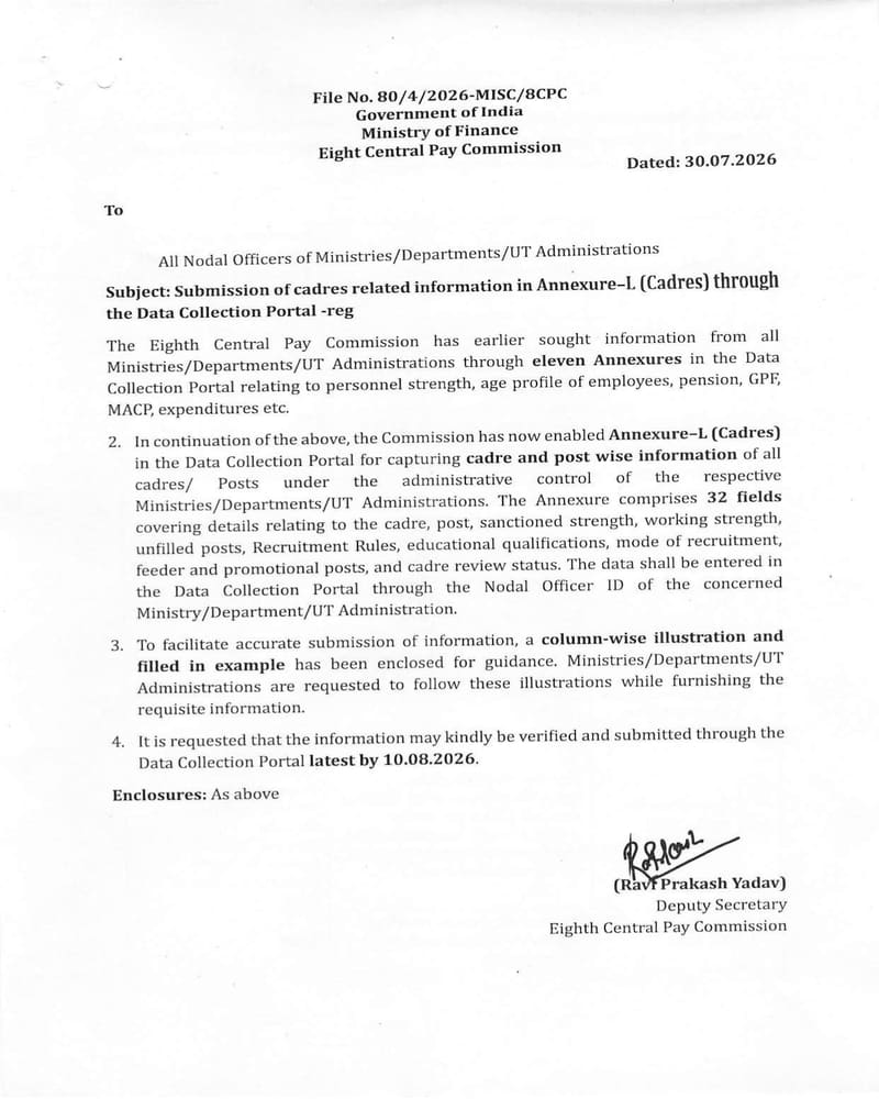 8th Pay Commission: Submission of cadres related information in Annexure-L (Cadres) through the Data Collection Portal 8th Pay Commission: Submission of cadres related information in Annexure-L (Cadres) through the Data Collection Portal