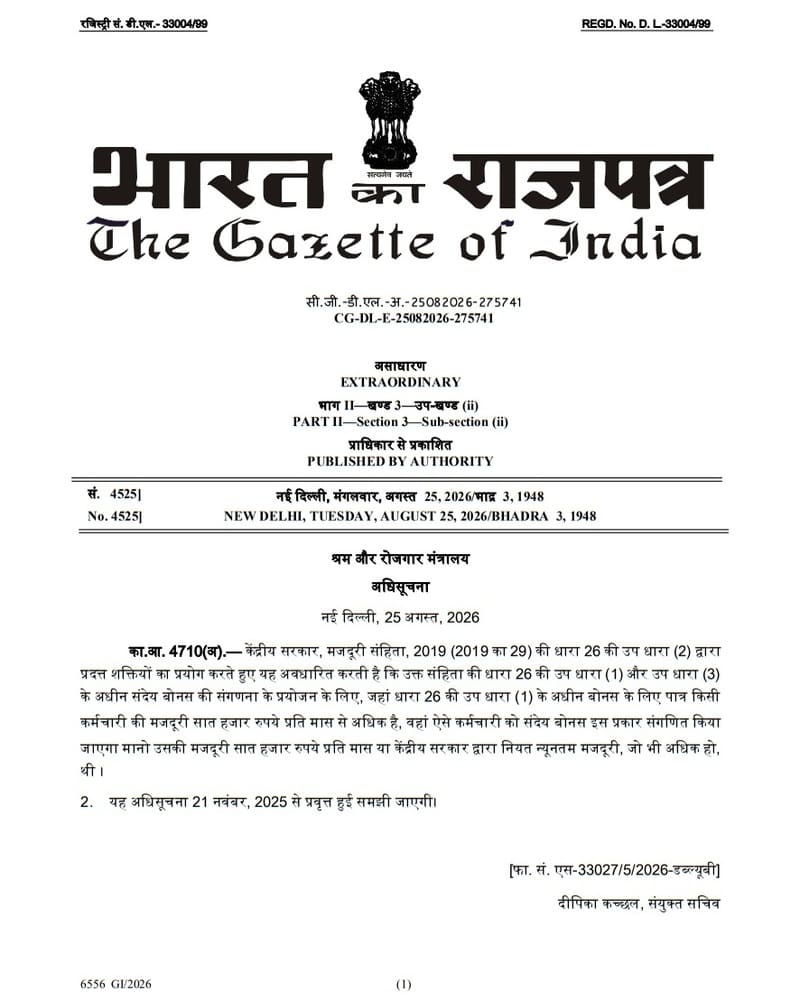 Wages Ceiling for Bonus Calculation at Rs.7000 or Minimum Wages – Effective date 21 Nov 2025