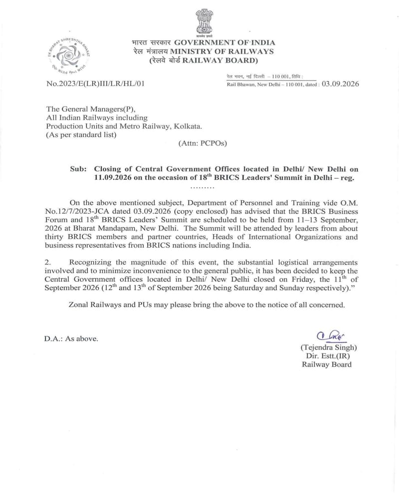 Closing of Railway offices located in Delhi/ New Delhi on 11.09.2026 on the occasion of 18th BRICS Leaders’ Summit in Delhi – Railway Board order dated 03.09.2026
