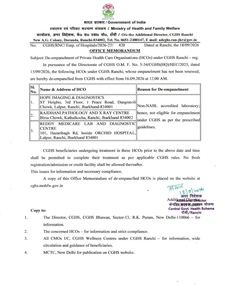 De-empanelment of three Private Health Care Organisations (HCOs) under CGHS Ranchi – OM dated 18-092026 De-empanelment of three Private Health Care Organisations (HCOs) under CGHS Ranchi – OM dated 18-092026
