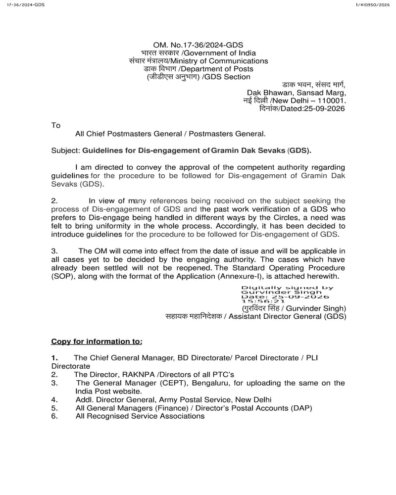 Dis-engagement of Gramin Dak Sevaks (GDS) – Guidelines issued by Department of Posts Dis-engagement of Gramin Dak Sevaks (GDS) – Guidelines issued by Department of Posts