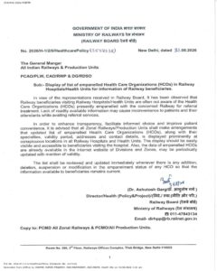Displaying List of Empanelled Health Care Organisations in Railway Hospitals - Railway Board order dated 31.08.2026 2 Displaying Empanelled Health Care Organisations in Railway Hospitals