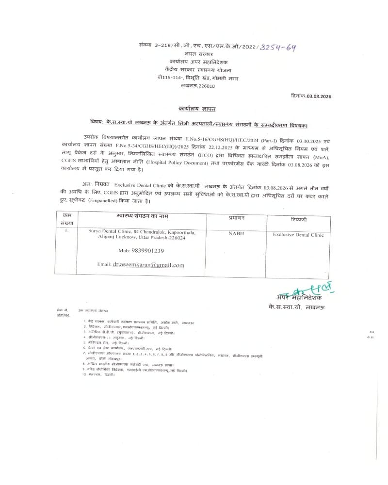 Empanelment of Surya Dental Clinic, Lucknow under CGHS Lucknow w.e.f. 03.08.2026 to 02.08.2029