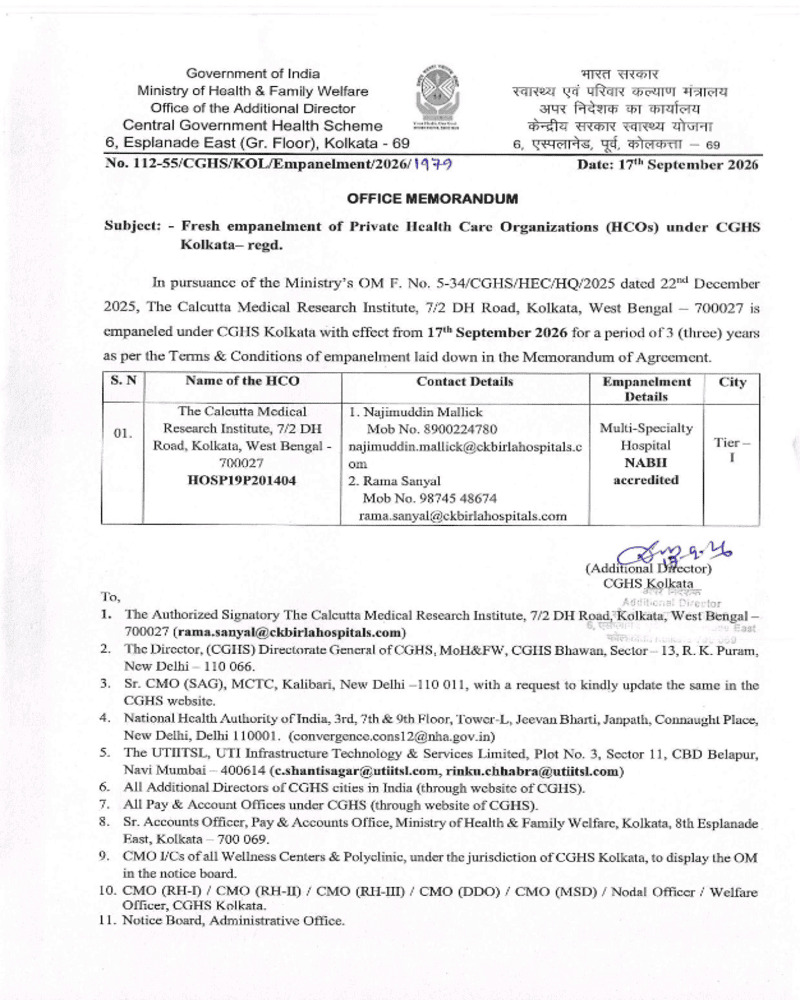 Empanelment of ‘The Calcutta Medical Research Institute under CGHS Kolkata vide OM dated 17-09-2026 Empanelment of ‘The Calcutta Medical Research Institute under CGHS Kolkata vide OM dated 17-09-2026