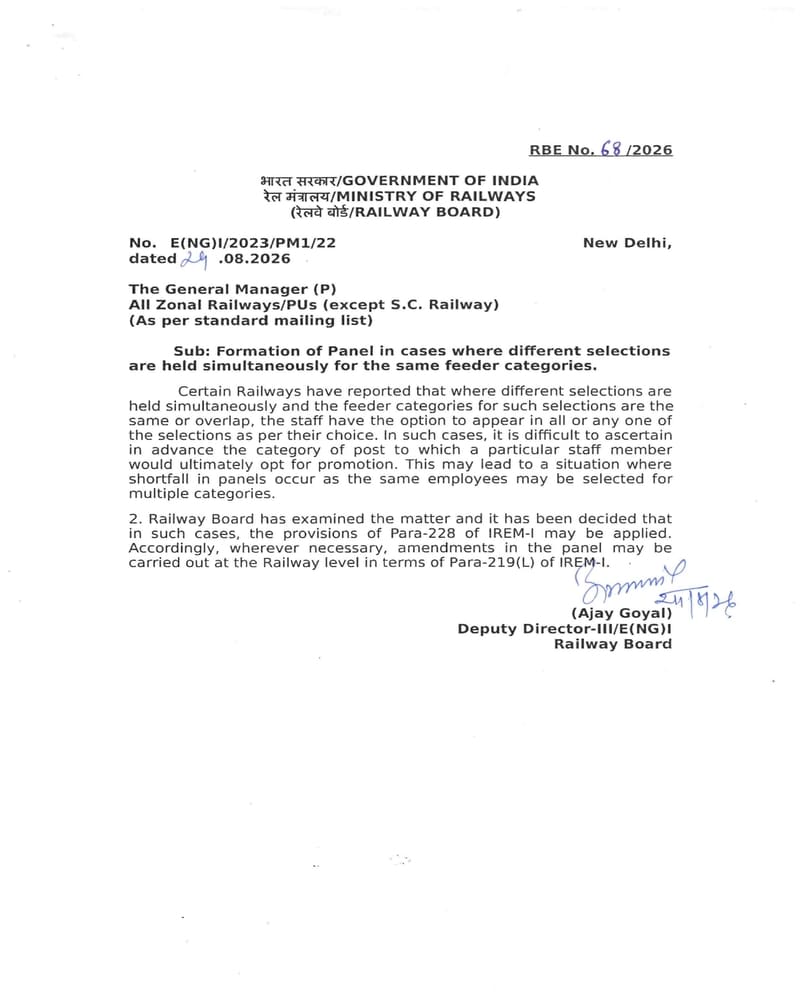 Formation of Panel for the same feeder categories as per IREM Para-228 — Guidelines vide RBE No.68/2026