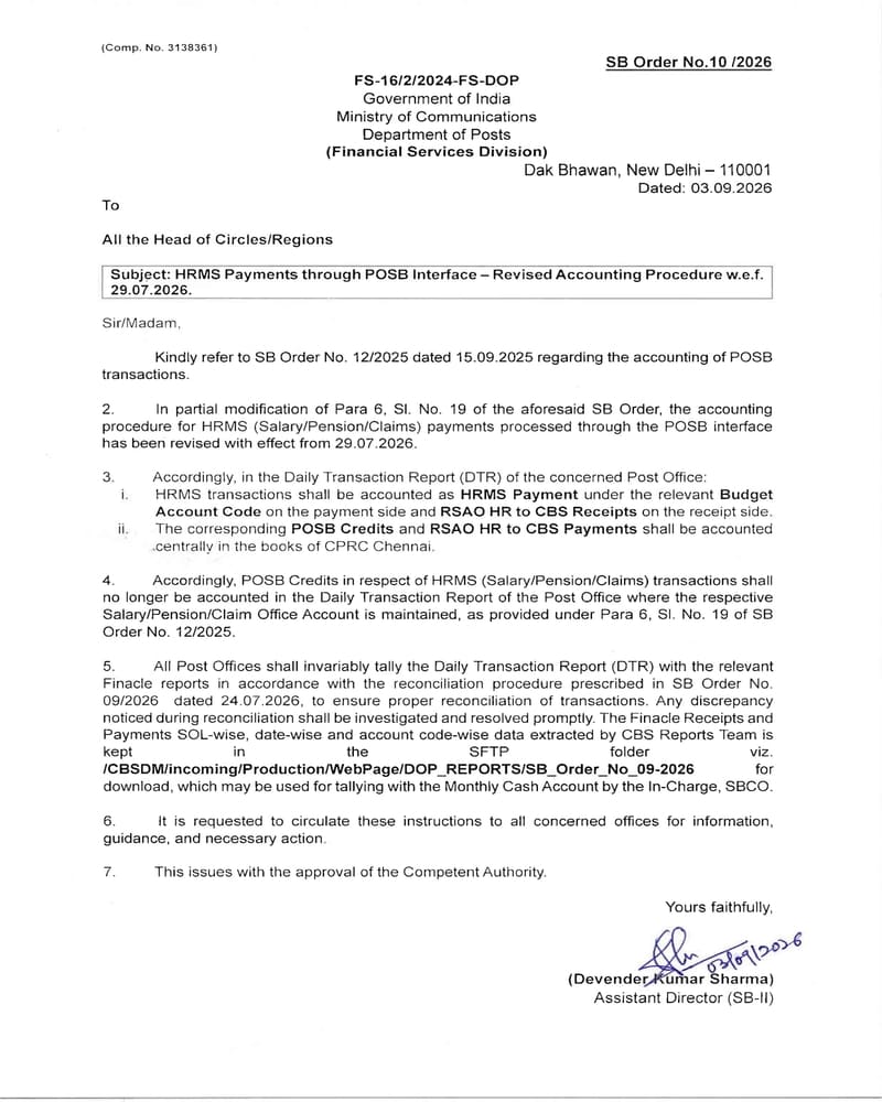 HRMS Payments through POSB Interface – Revised Accounting Procedure w.e.f. 29.07.2026 : SB Order No. 10/2026 HRMS Payments through POSB Interface – Revised Accounting Procedure w.e.f. 29.07.2026 : SB Order No. 10/2026