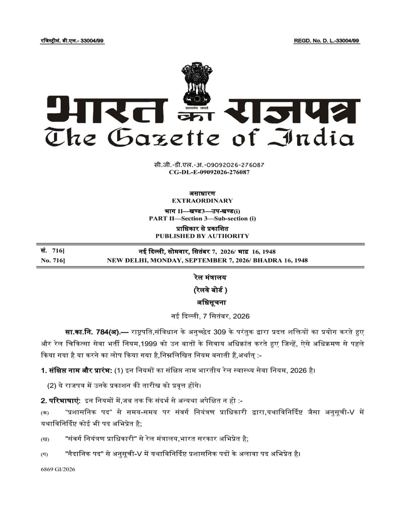 Indian Railway Health Service Rules, 2026 – Ministry of Railways, Railway Board Notification dated 07-09-2026 Indian Railway Health Service Rules, 2026 – Ministry of Railways, Railway Board Notification dated 07-09-2026