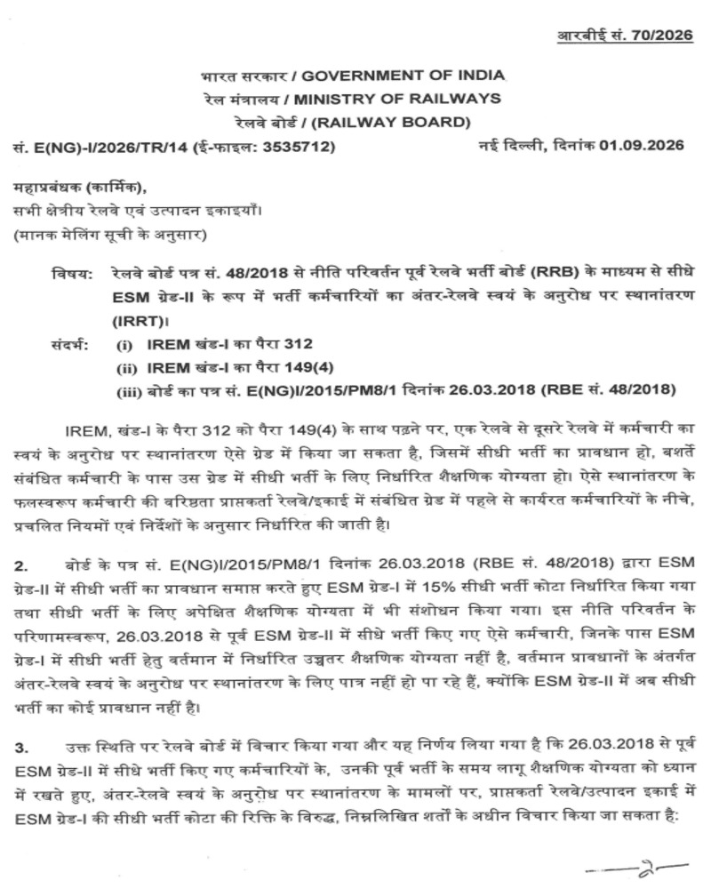 Inter-Railway Own Request Transfer (IRRT) to ESM Grade-II recruited prior to policy change vide RB No.48/2018 Inter-Railway Own Request Transfer (IRRT) to ESM Grade-II recruited prior to policy change vide RB No.48/2018