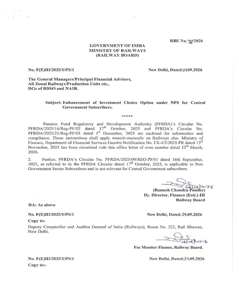 Enhancement of Investment Choice Option under NPS for Central Government Subscribers – RBE No. 76/2026