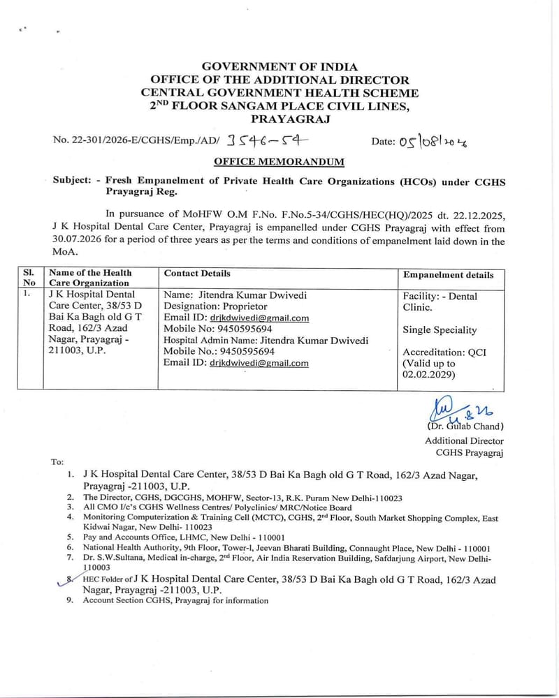 J K Hospital Dental Care Center, Prayagraj – Fresh Empanelment of Private Health Care Organizations (HCOs) under CGHS Prayagraj J K Hospital Dental Care Center, Prayagraj – Fresh Empanelment of Private Health Care Organizations (HCOs) under CGHS Prayagraj