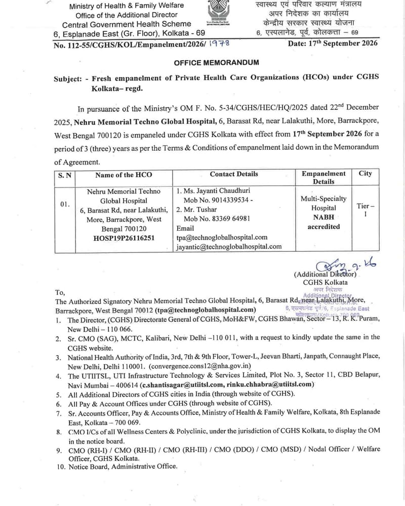 Nehru Memorial Techno Global Hospital : Fresh empanelment of Private Health Care Organizations (HCOs) under CGHS Kolkata Nehru Memorial Techno Global Hospital : Fresh empanelment of Private Health Care Organizations (HCOs) under CGHS Kolkata
