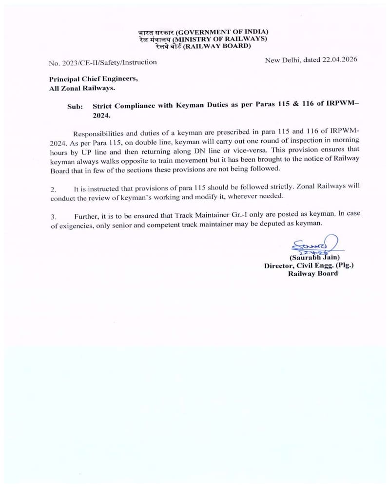 Strict Compliance with Keyman Duties as per Paras 115 & 116 of IRPWM-2024 – Railway Board order Strict Compliance with Keyman Duties as per Paras 115 & 116 of IRPWM-2024 – Railway Board order
