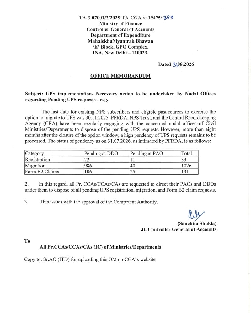 UPS implementation- Necessary action to be undertaken by Nodal Offices regarding Pending UPS requests: Latest order by CGA