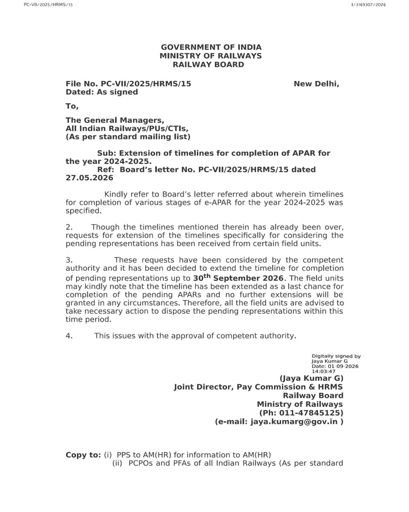 Extension of timelines for completion of pending representations on APAR for the year 2024-2025 Extension of timelines for completion of pending representations on APAR for the year 2024-2025
