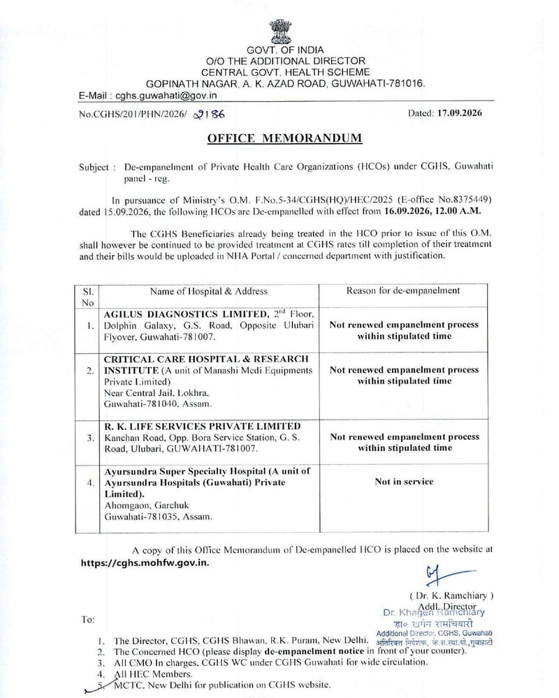 De-empanelment of AGILUS DIAGNOSTICS LIMITED and three others under CGHS Guwahati panel – OM dated 17-09-2026
