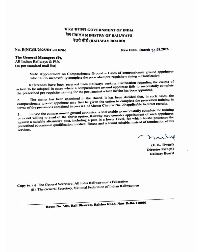 Clarification on failing successfully completion of prescribed pre-requisite training by compassionate appointees – Railway Board order dated 31.08.2026