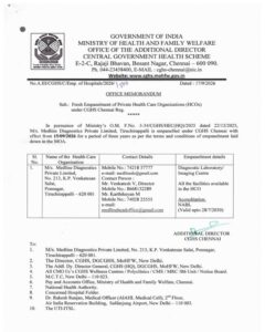 M/s. Medline Diagnostics Private Limited - Fresh Empanelment of Private Health Care Organizations (HCOs) upto 14-09-2029 under CGHS Chennai 2 fresh empanelment private hco