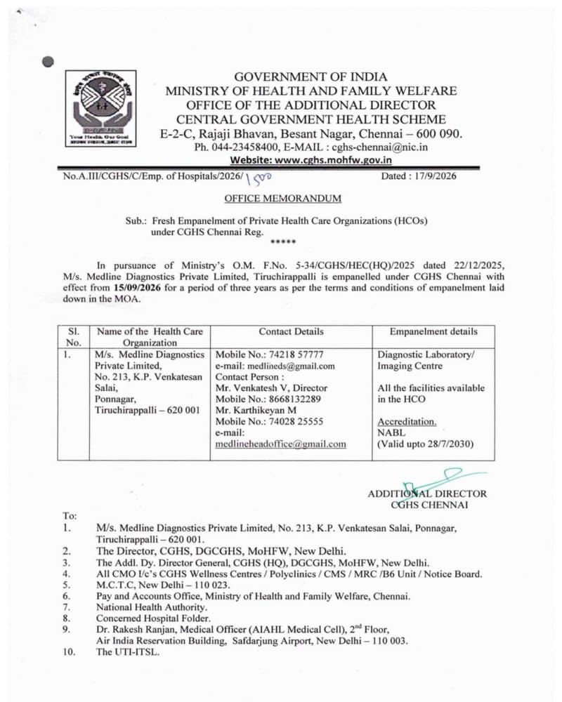 M/s. Medline Diagnostics Private Limited – Fresh Empanelment of Private Health Care Organizations (HCOs) upto 14-09-2029 under CGHS Chennai