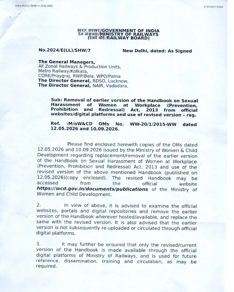 Removal of earlier version of the Handbook on Sexual Harassment of Women at Workplace (Prevention, Prohibition and Redressal) Act, 2013 from official websites/digital platforms and use of revised version Removal of earlier version of the Handbook on Sexual Harassment of Women at Workplace (Prevention, Prohibition and Redressal) Act, 2013 from official websites/digital platforms and use of revised version