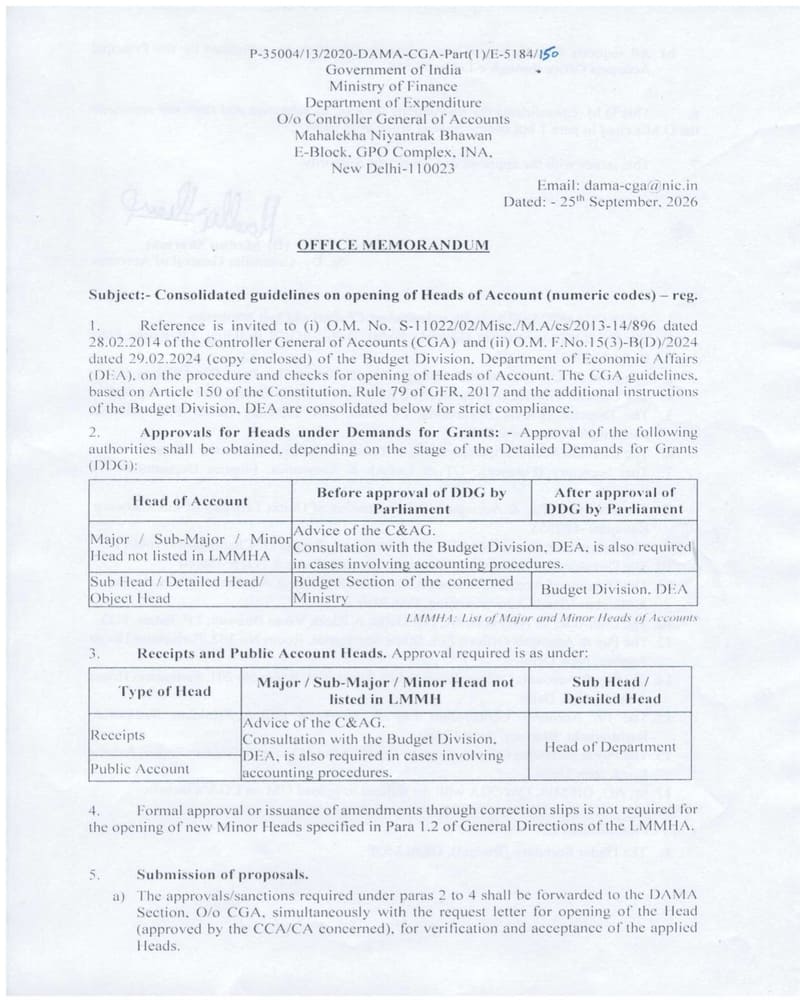 Opening of Heads of Account (numeric codes) – Consolidated guidelines by CGA vide OM dated 2509-2026 Opening of Heads of Account (numeric codes) – Consolidated guidelines by CGA vide OM dated 2509-2026