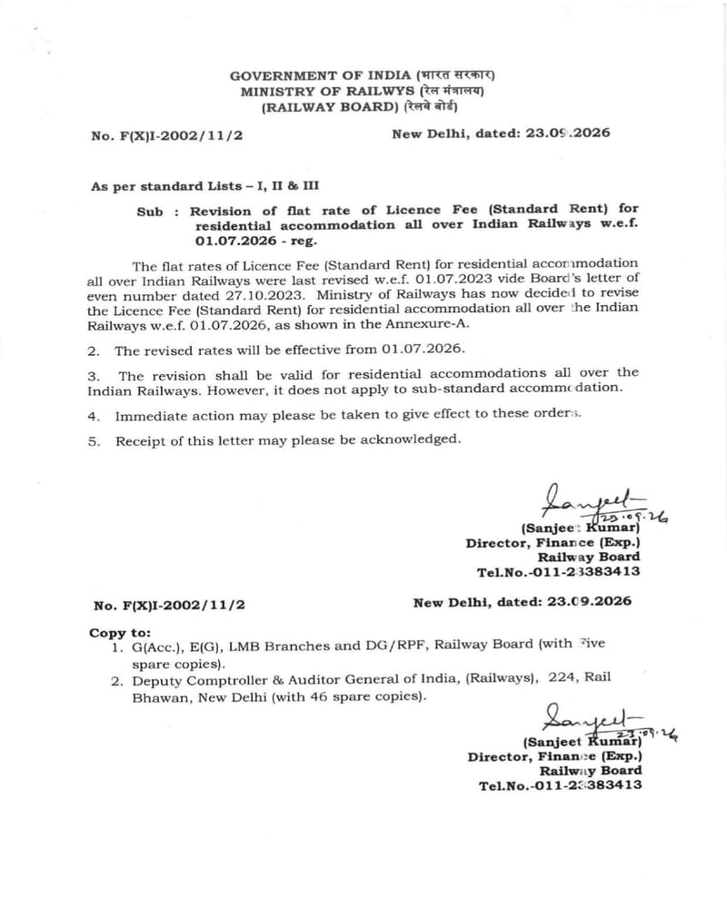 Revision of flat rate of Licence Fee (Standard Rent) for Railway Residential Accommodation w.e.f. 01.07.2026 Revision of flat rate of Licence Fee (Standard Rent) for Railway Residential Accommodation w.e.f. 01.07.2026