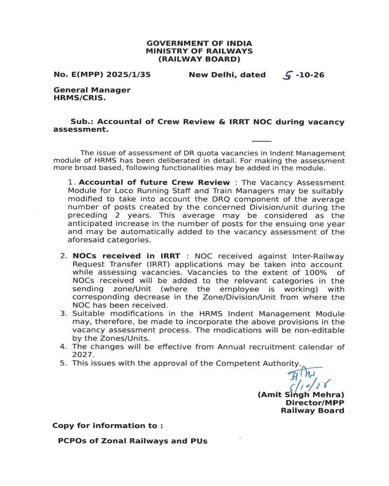 Accountal of Crew Review & IRRT NOC during vacancy assessment – Railway Board order dated 05.10.2026 Accountal of Crew Review & IRRT NOC during vacancy assessment – Railway Board order dated 05.10.2026