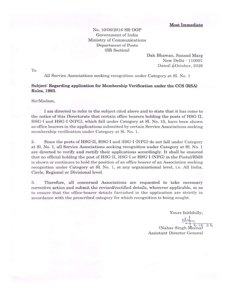 Submission of Revised Application for Membership Verification under the CCS (RSA) Rules, 1993 – Department of Posts order dated 06.10.2026 Submission of Revised Application for Membership Verification under the CCS (RSA) Rules, 1993 – Department of Posts order dated 06.10.2026
