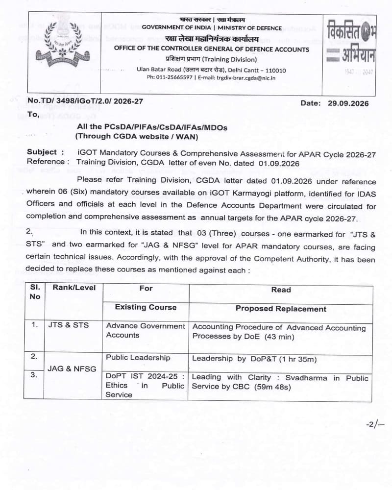 iGOT Mandatory Courses & Comprehensive Assessment for APAR Cycle 2026-27 – CGDA letter dated 29.09.2026 iGOT Mandatory Courses & Comprehensive Assessment for APAR Cycle 2026-27 – CGDA letter dated 29.09.2026