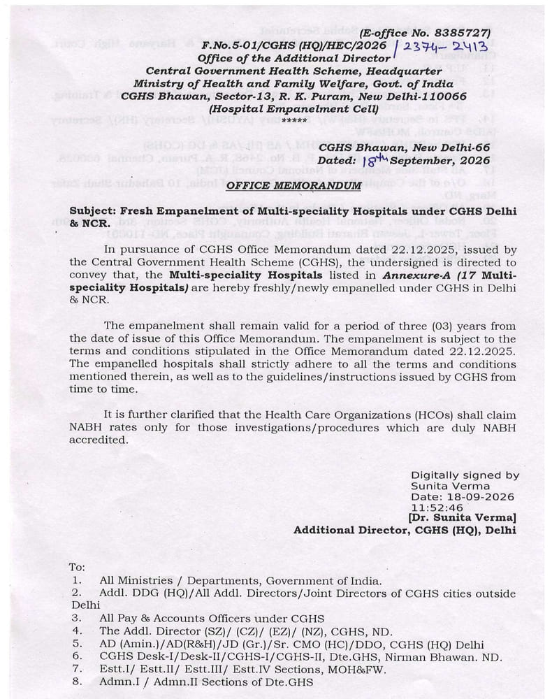 Fresh Empanelment of 17 Multi-speciality Hospitals under CGHS Delhi & NCR – CGHS OM dated 18.09.2026