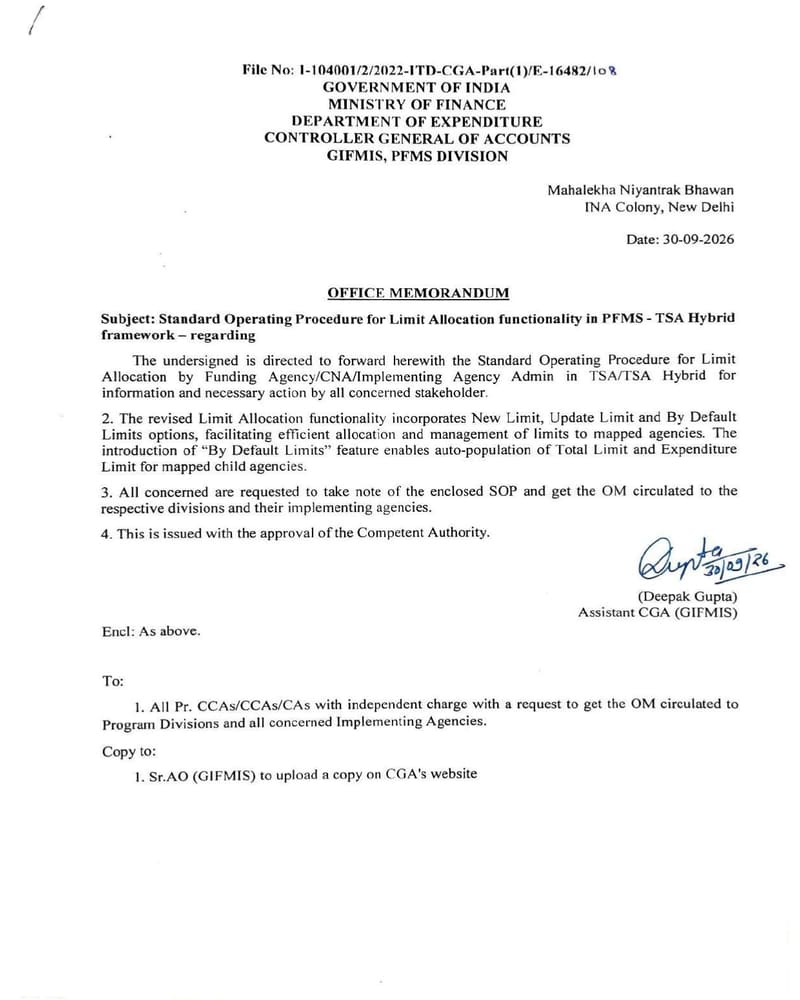 TSA Hybrid Framework : Standard Operating procedure for Limit Allocation by CNA/Funding Agency/Implementing Agency in PFMS – CGA Om dated 30.09.2026