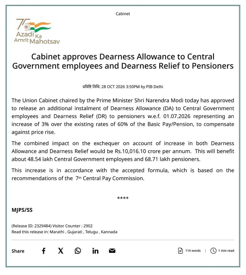 Cabinet Approves 3% Dearness Allowance Hike for Central Government Employees and Pensioners / केंद्र सरकार के कर्मचारियों और पेंशनभोगियों के महंगाई भत्ते में 3% की बढ़ोतरी को मंजूरी Cabinet Approves 3% Dearness Allowance Hike for Central Government Employees and Pensioners / केंद्र सरकार के कर्मचारियों और पेंशनभोगियों के महंगाई भत्ते में 3% की बढ़ोतरी को मंजूरी