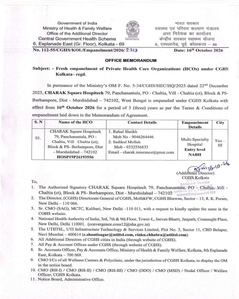 CHARAK Square Hospitech: Fresh empanelment of Private Health Care Organizations (HCOs) under CGHS Kolkata for next three years wef 16.10.2026