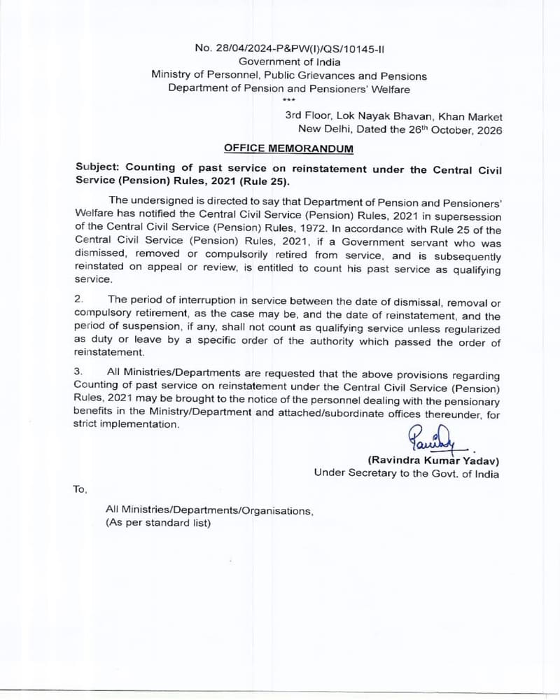 Counting of past services on Reinstatement under Rule 25 of CCS (Pension) Rules, 2021 – DoPPW OM dated 26.10.2026 Counting of past services on Reinstatement under Rule 25 of CCS (Pension) Rules, 2021 – DoPPW OM dated 26.10.2026