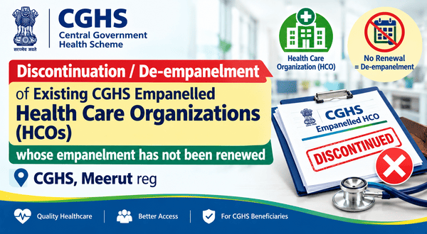 Discontinuation / De-empanelment of Existing CGHS Empanelled Health Care Organizations (HCOs) – CGHS Meerut OM dated 06.10.2026Discontinuation / De-empanelment of Existing CGHS Empanelled Health Care Organizations (HCOs) – CGHS Meerut OM dated 06.10.2026