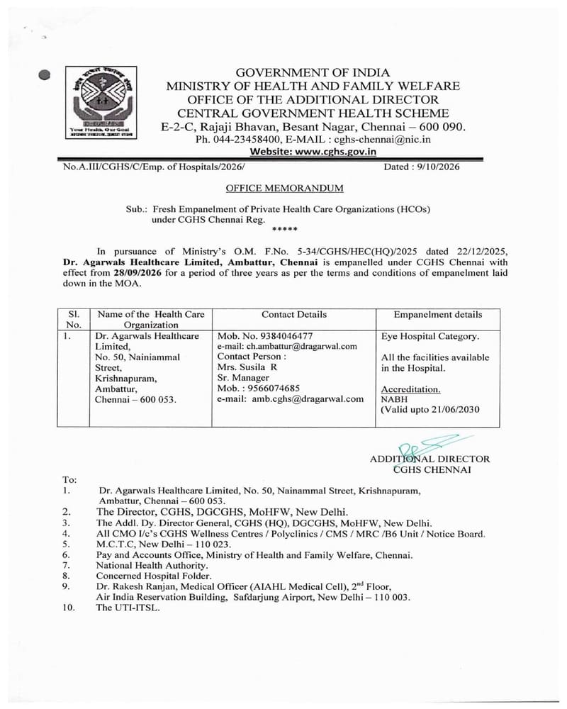 Dr. Agarwals Healthcare Limited Chennai – Fresh Empanelment of Private Health Care Organizations (HCOs) under CGHS Chennai wef 28/09/2026 Dr. Agarwals Healthcare Limited Chennai – Fresh Empanelment of Private Health Care Organizations (HCOs) under CGHS Chennai wef 28/09/2026