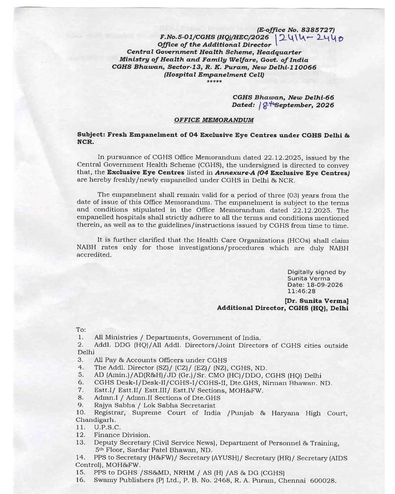 Fresh Empanelment of ASG Hospital, Noida and 03 more Centres under CGHS Delhi & NCR – OM F.No.5-01/CGHS (HQ)/HEC/2026 212414-2440 dated 18.09.2026